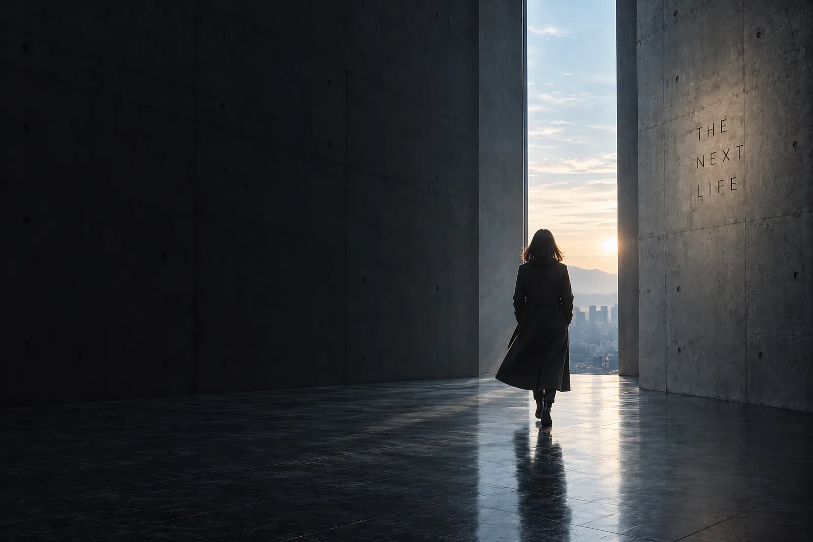 A woman walks out of the dark toward a doorway of light beside a wall carved with the words The Next Life