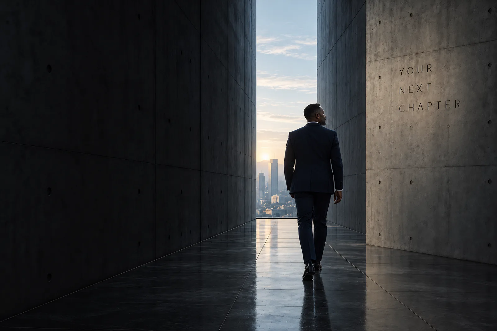 A leader walks toward the light past a concrete wall carved with the words Your Next Chapter