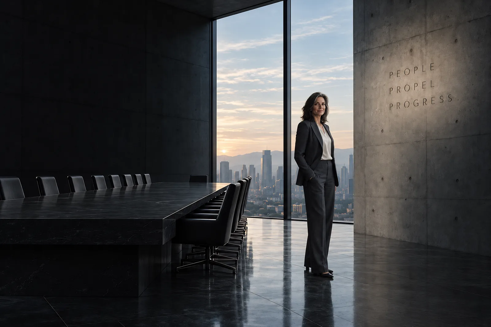 A chief executive stands in a boardroom beside a concrete wall carved with the words People Propel Progress