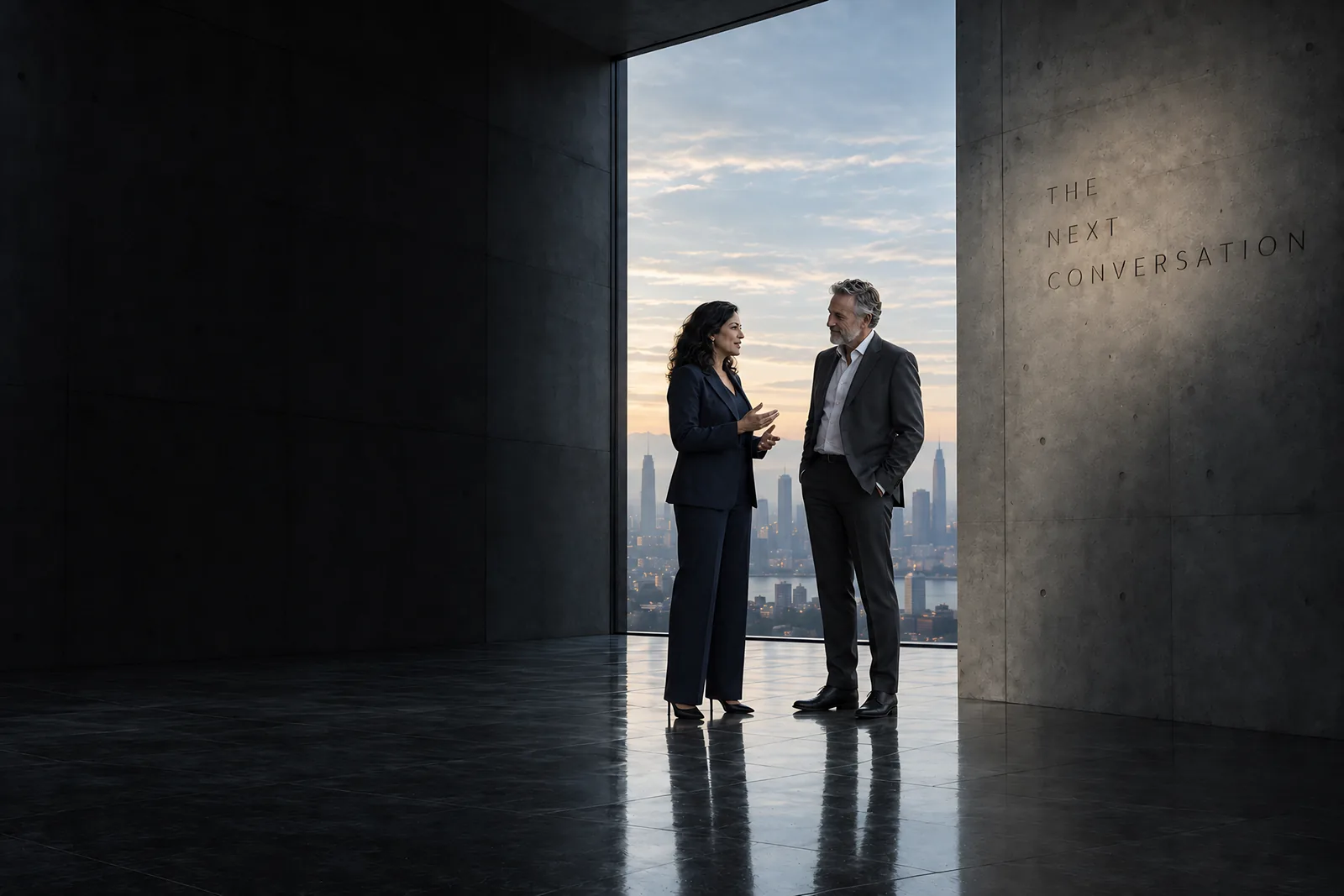 Two leaders in conversation by a window beside a concrete wall carved with the words The Next Conversation