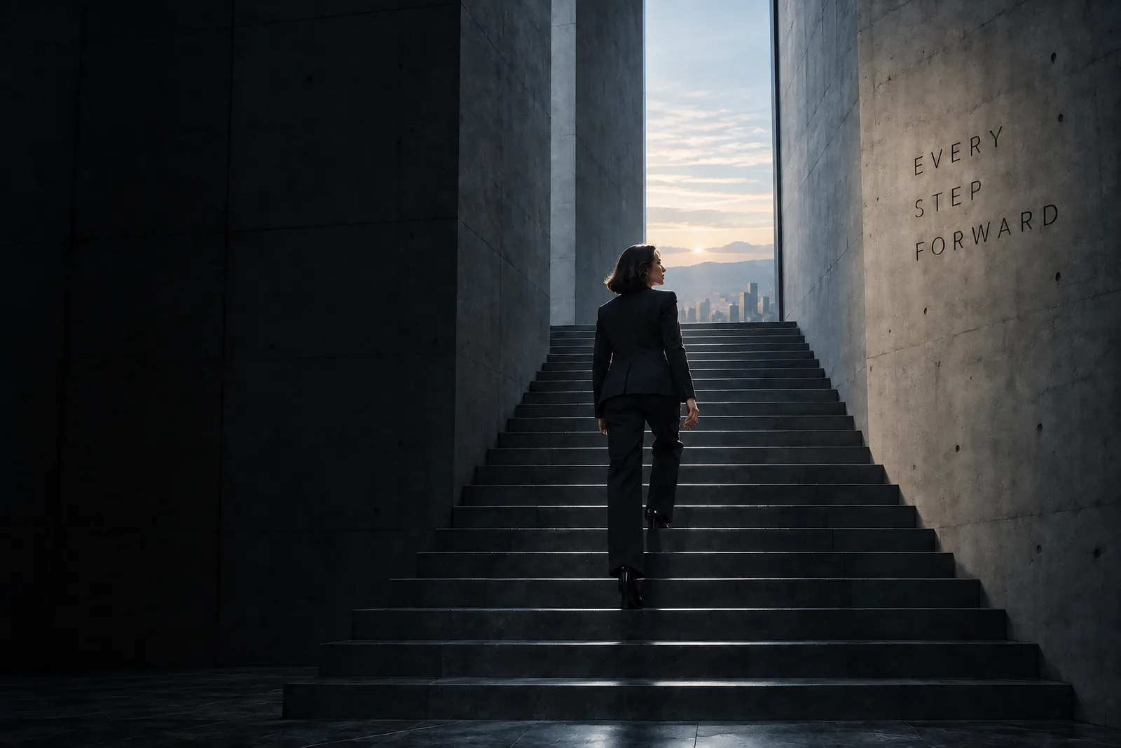 A woman climbs a stone staircase toward the light beside a wall carved with the words Every Step Forward