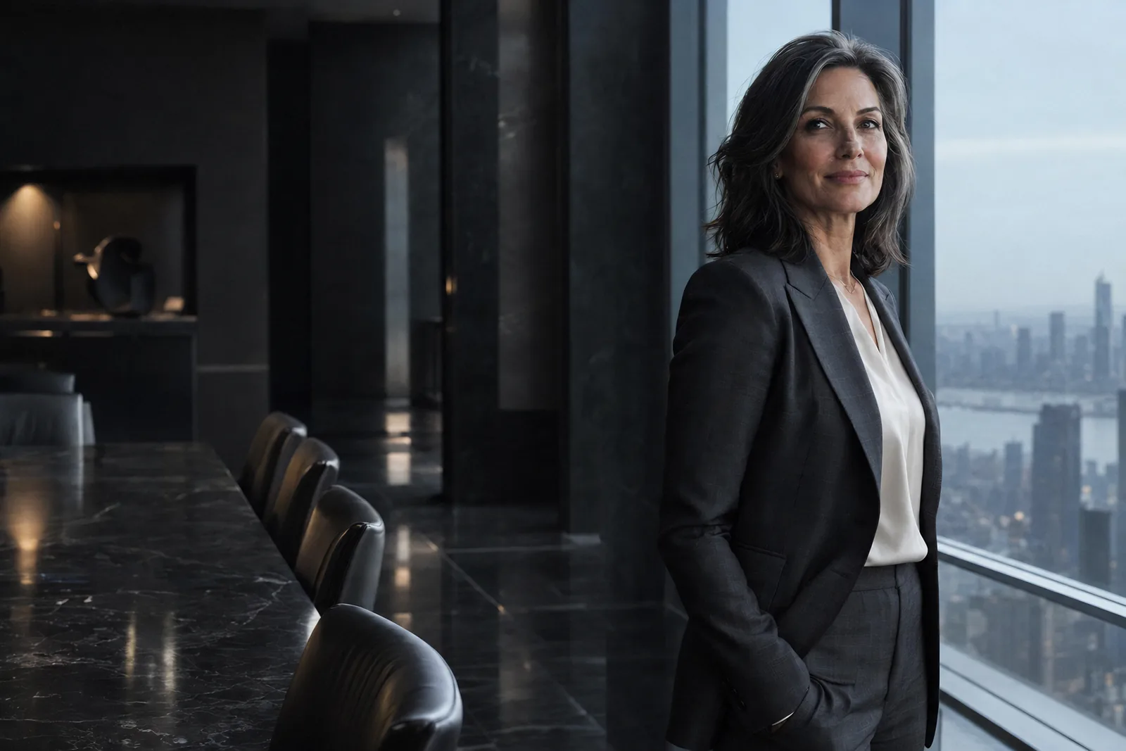 A chief executive stands by the window of a dark stone boardroom