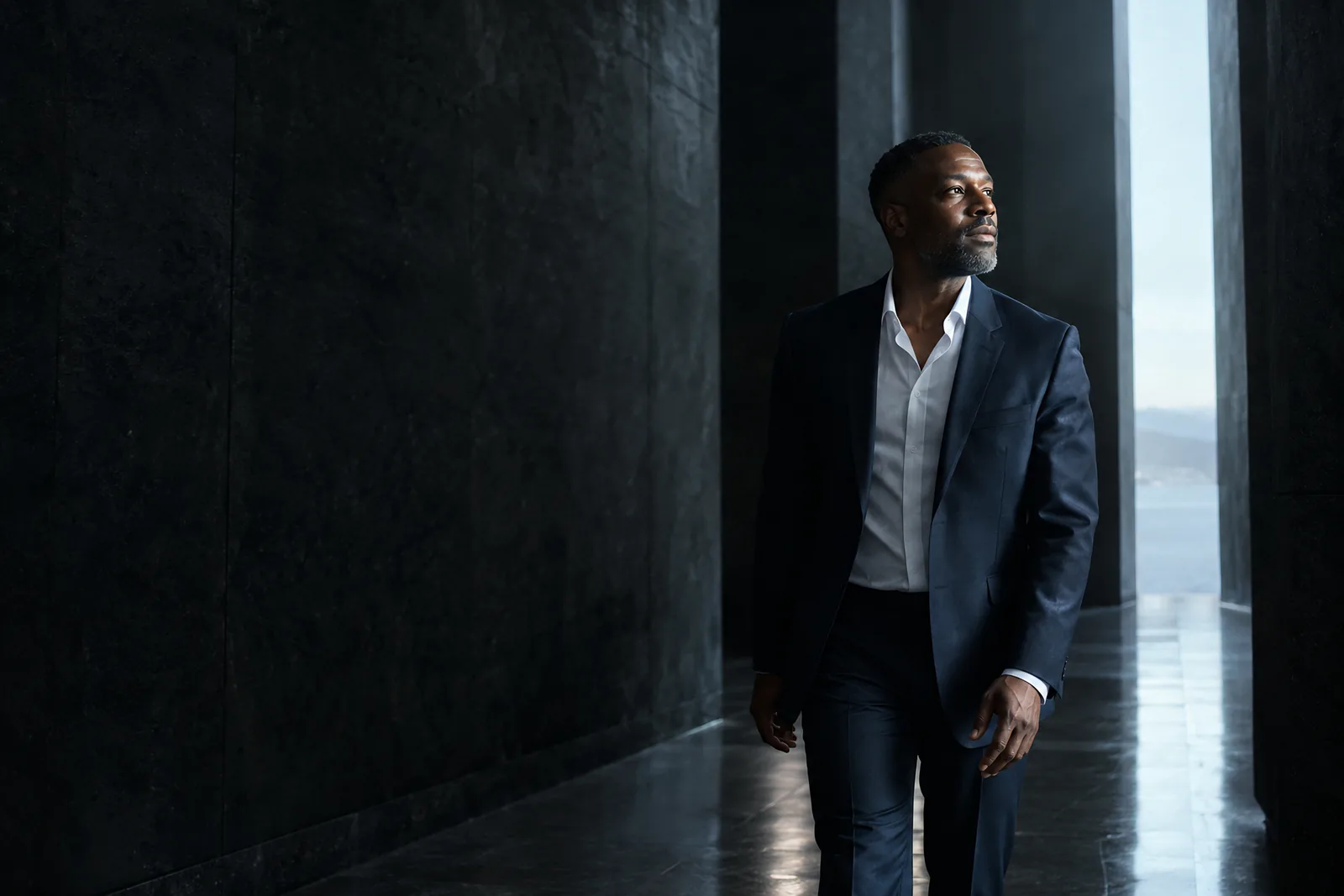 A leader walks through a stone corridor, looking toward the light