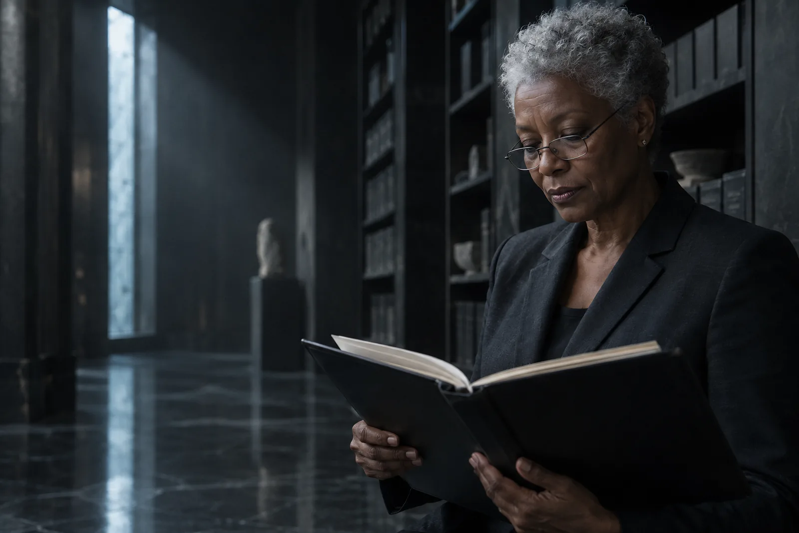 A senior leader reads a bound dossier in a quiet archive
