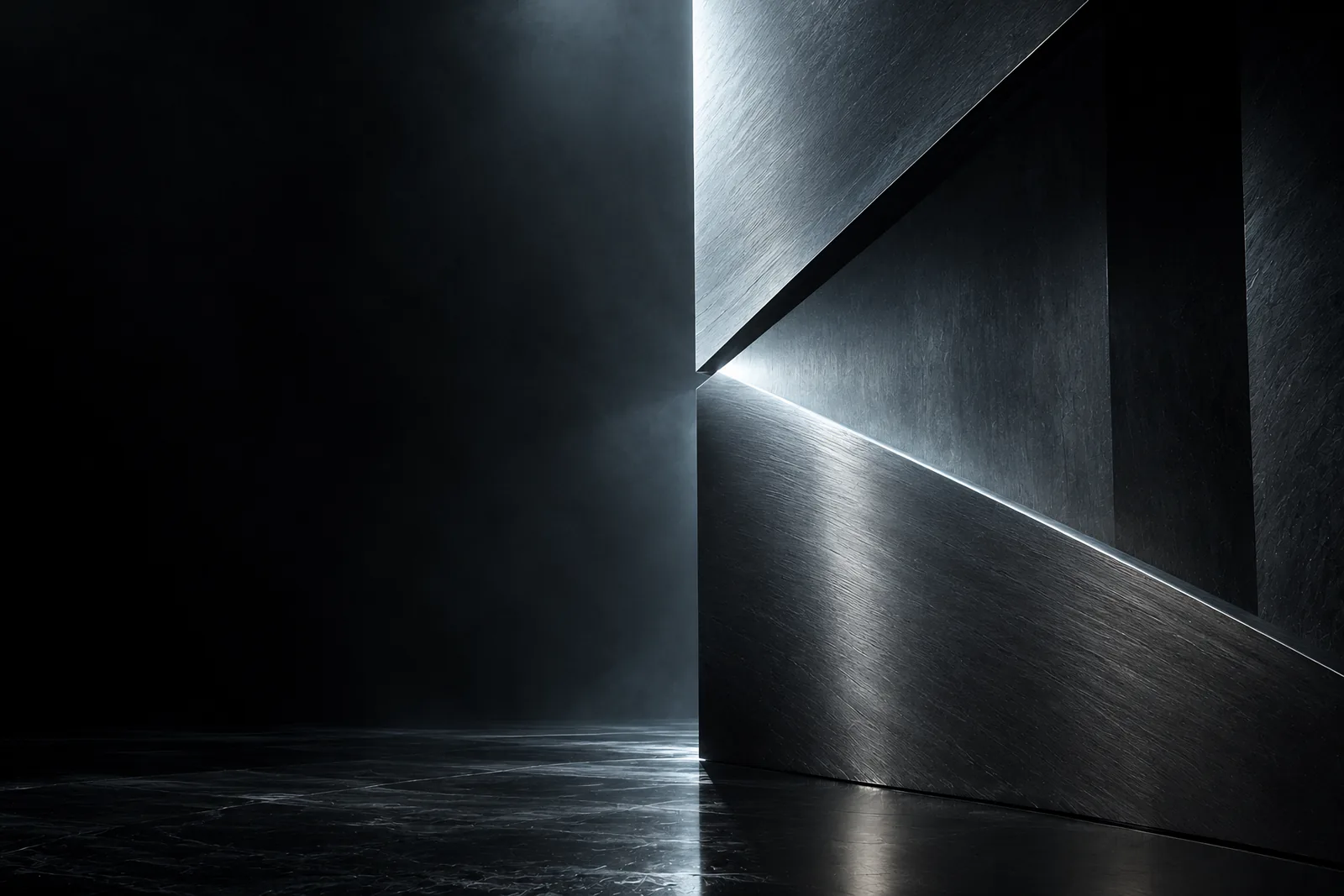 Brushed platinum planes edge-lit by cool light